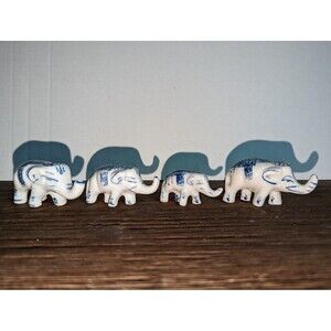 Vintage Miniature Asian Porcelain Blue & White Hand Painted Elephants Set Of 4